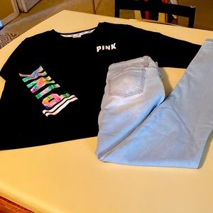 PINK size L 🤩 tropical print /light stretchy W jeans high rise and skinny 13